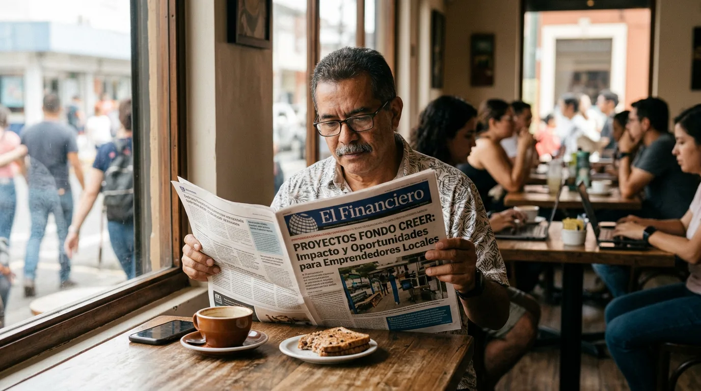 Man reading 'El Financiero' newspaper at cafe table with coffee and pastries